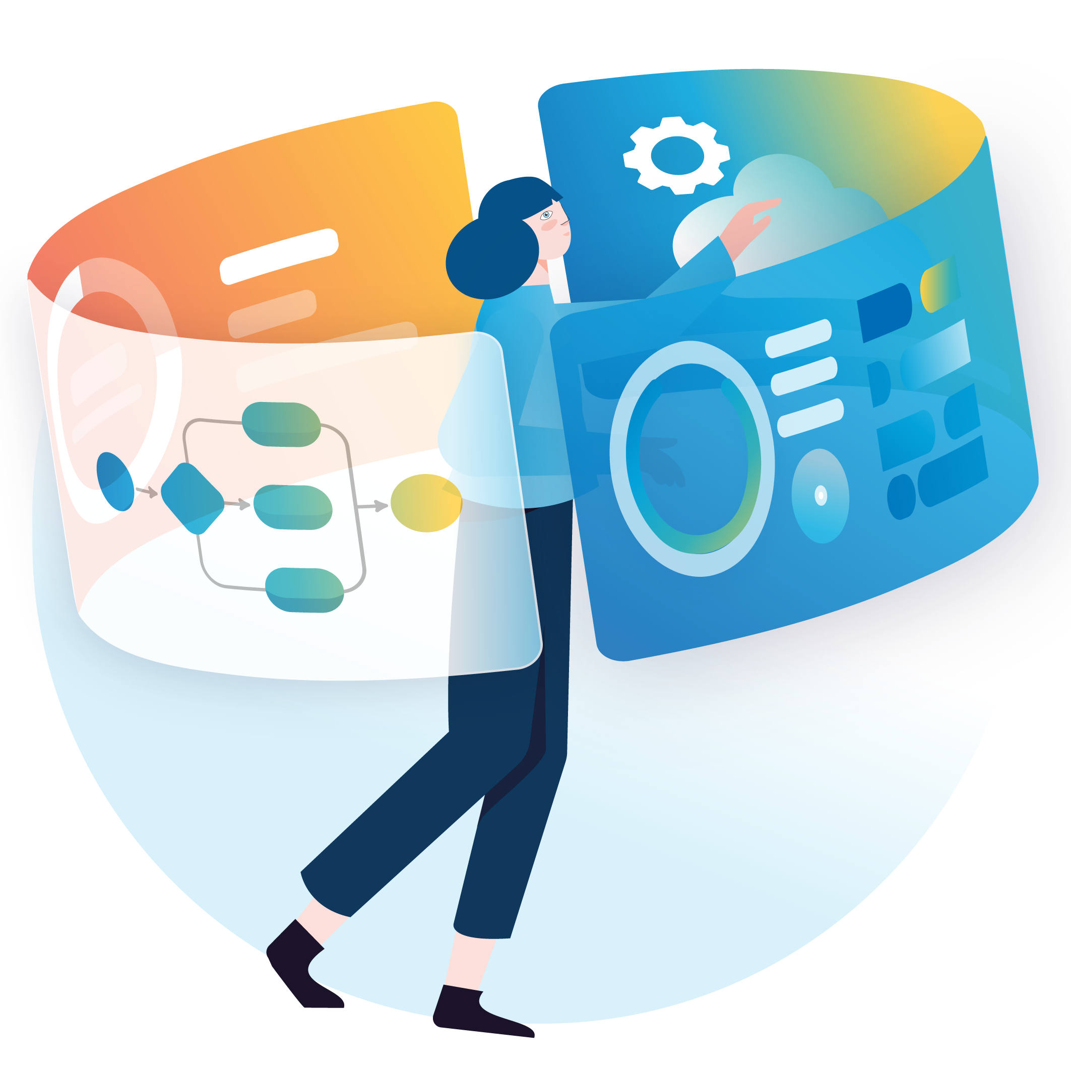 Digital illustration of a woman interacting with holographic screens