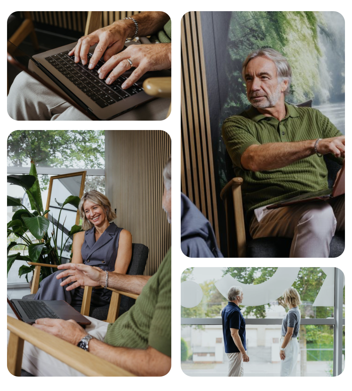 Verschillende mensen in een kantoor- of vergaderruimte, some werken met laptops, anderen praten met elkaar, terwijl er een vrouw glimlacht tijdens een gesprek.