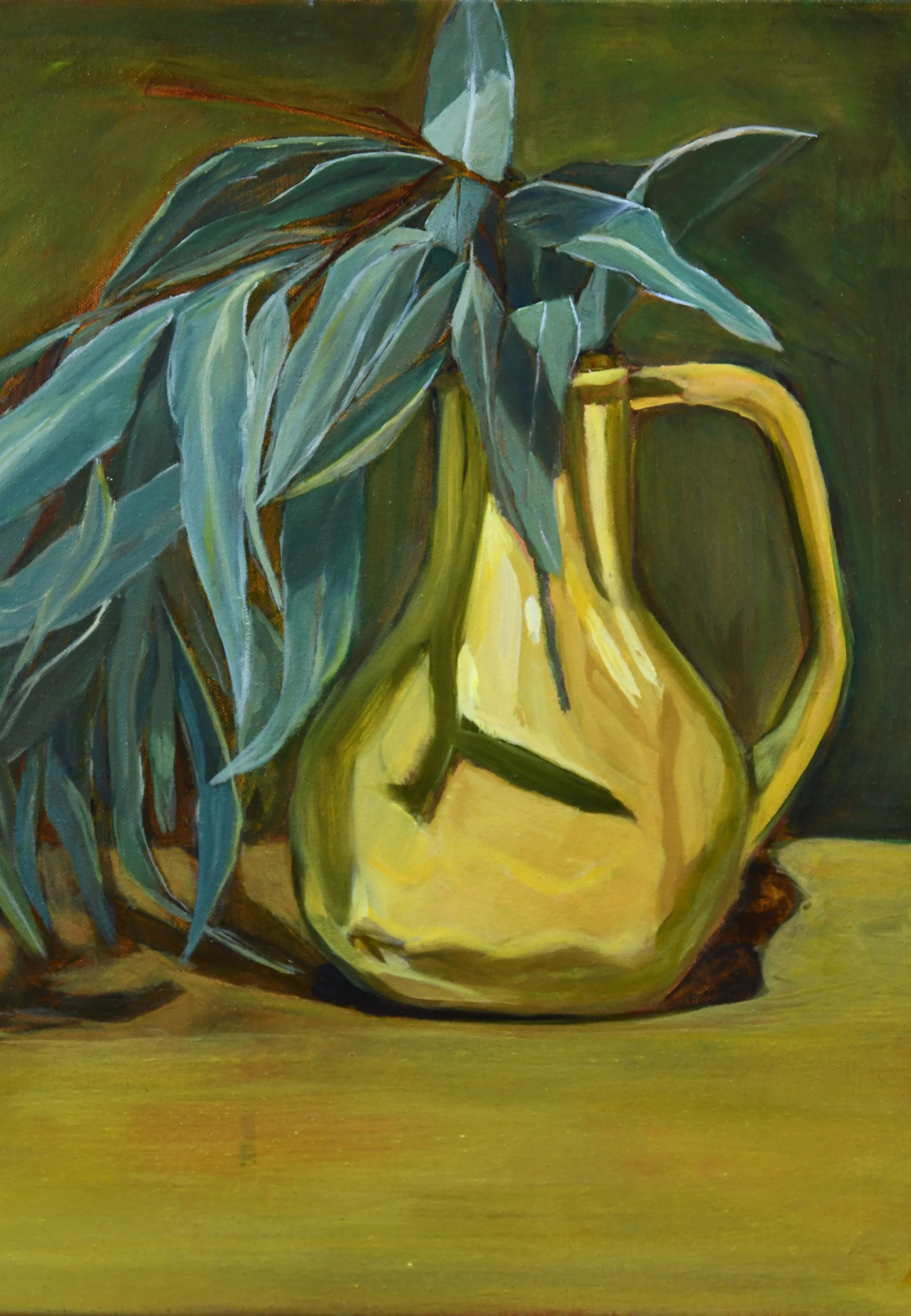 Painting of a yellow ceramic pitcher with green leafy plant, set against a dark background.