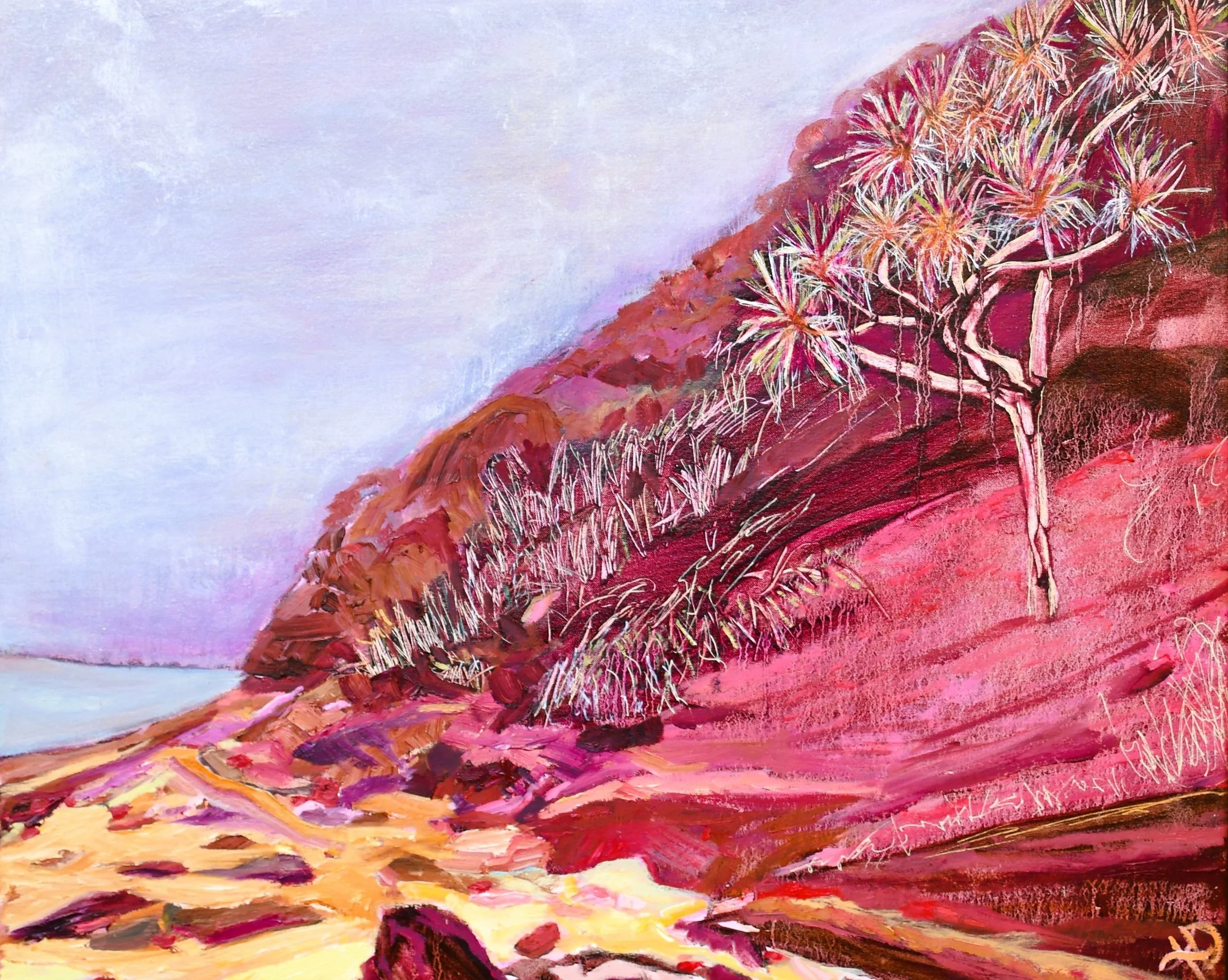 Painting of a desert landscape with rocky red cliffs, sparse vegetation, and a lone tree under a purple sky.