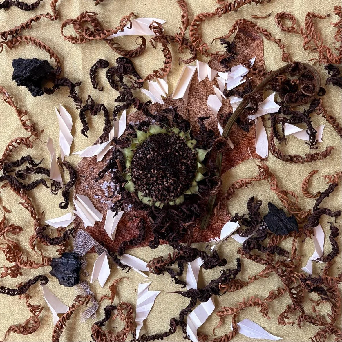 A sunflower surrounded by scattered dried curling leaves, paper, and dark crumpled materials on a yellow fabric background.