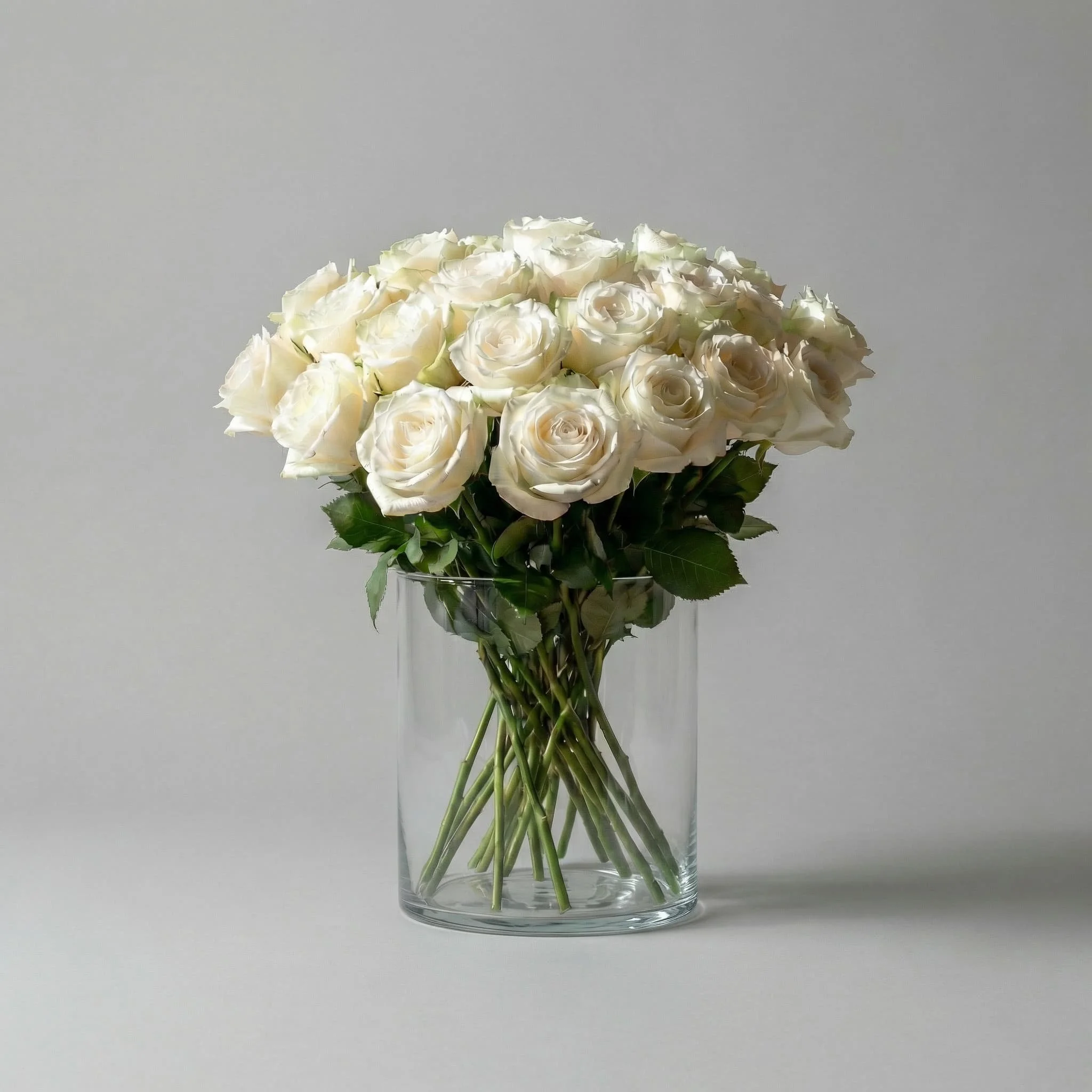 White roses arranged in glass vase in minimal studio style by HORA Flowers Perth