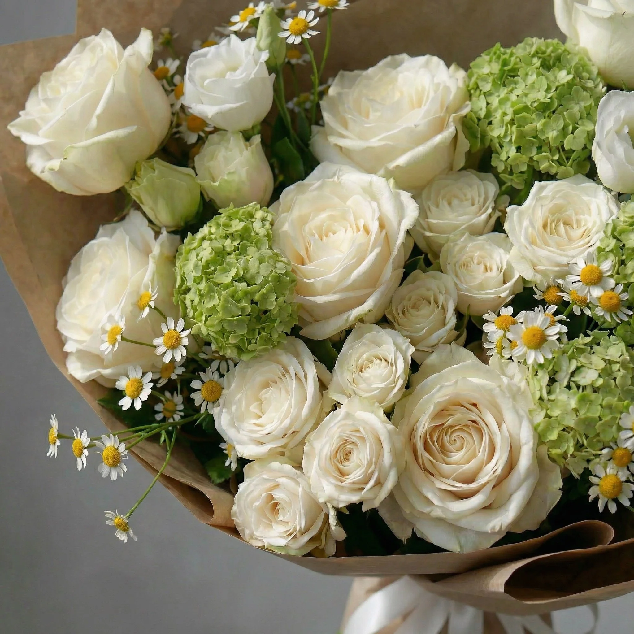 Seasonal white rose and daisy bouquet with hydrangea by HORA Flowers Perth