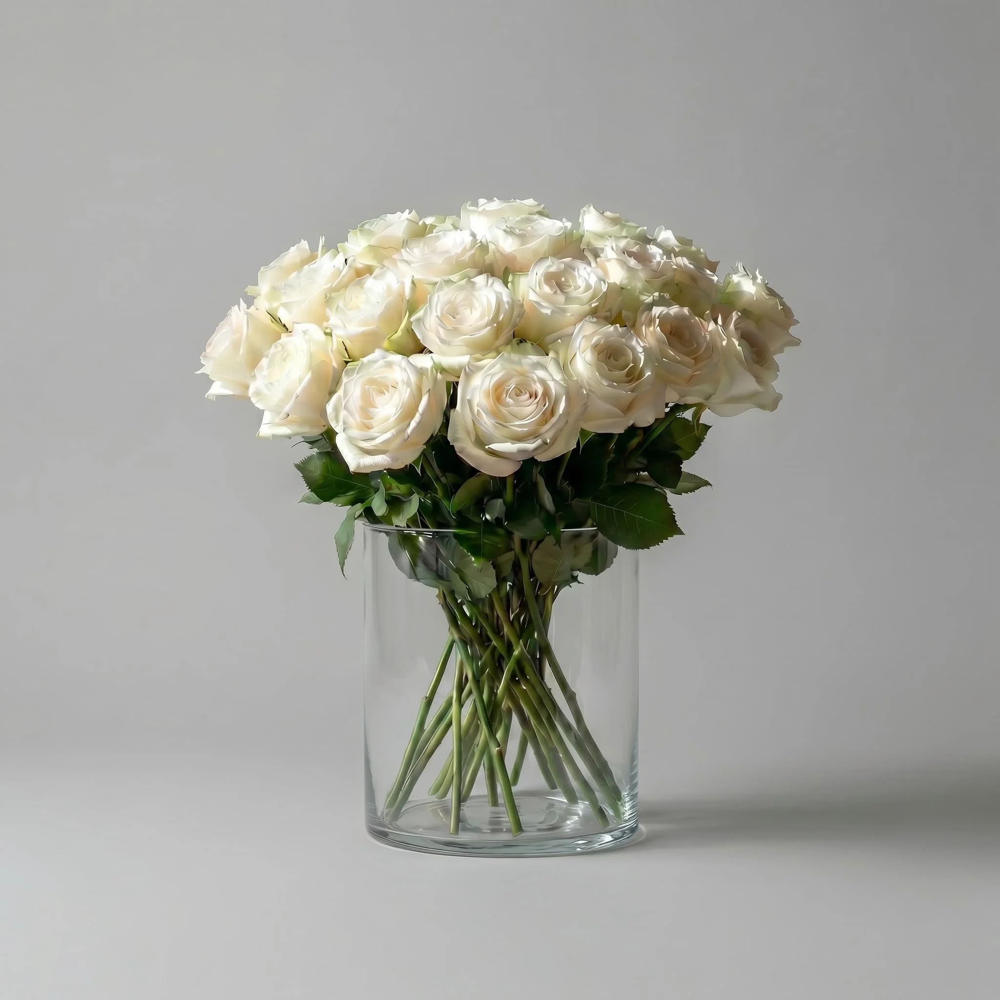 White rose bouquet arranged in a clear glass vase with fresh greenery by HORA Flowers Perth.