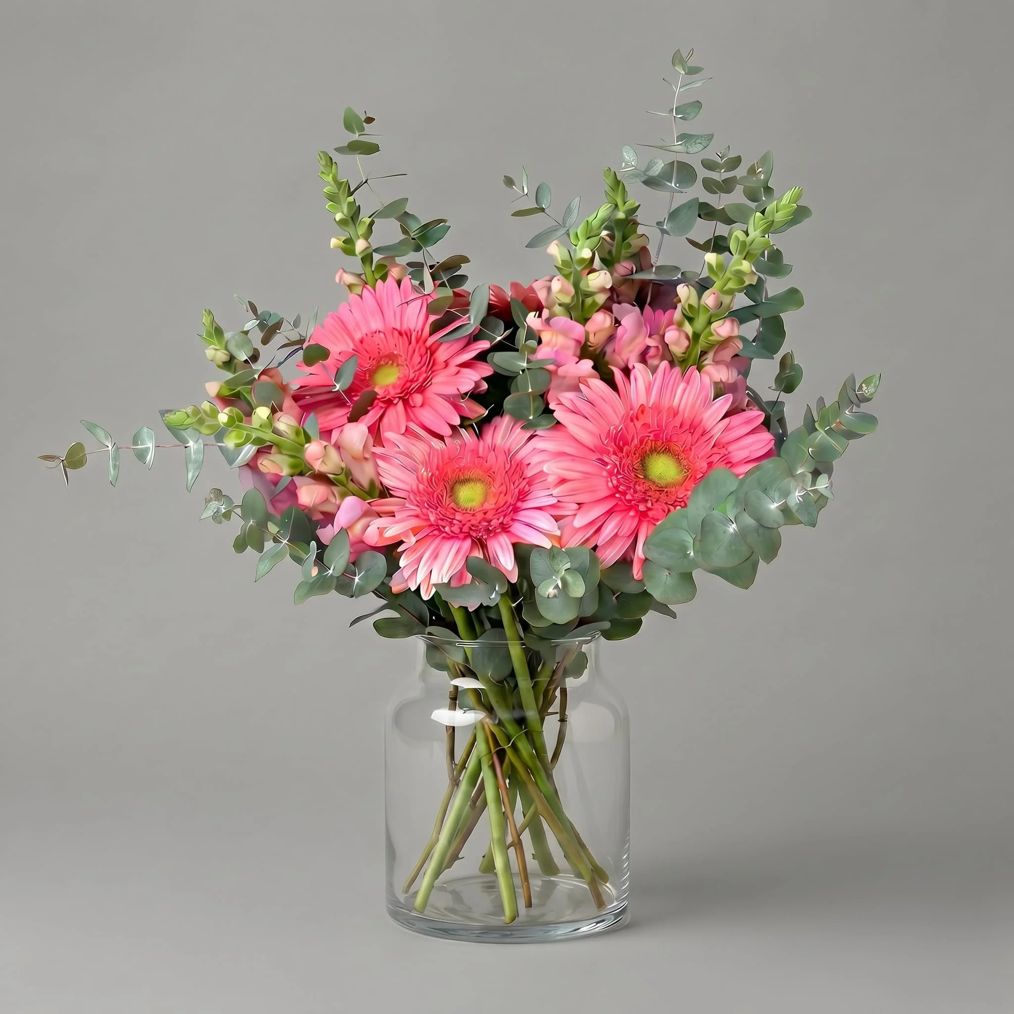 Pink garden bouquet with gerberas, eucalyptus greenery, and soft seasonal flowers arranged in a clear glass vase by HORA Flowers Perth.