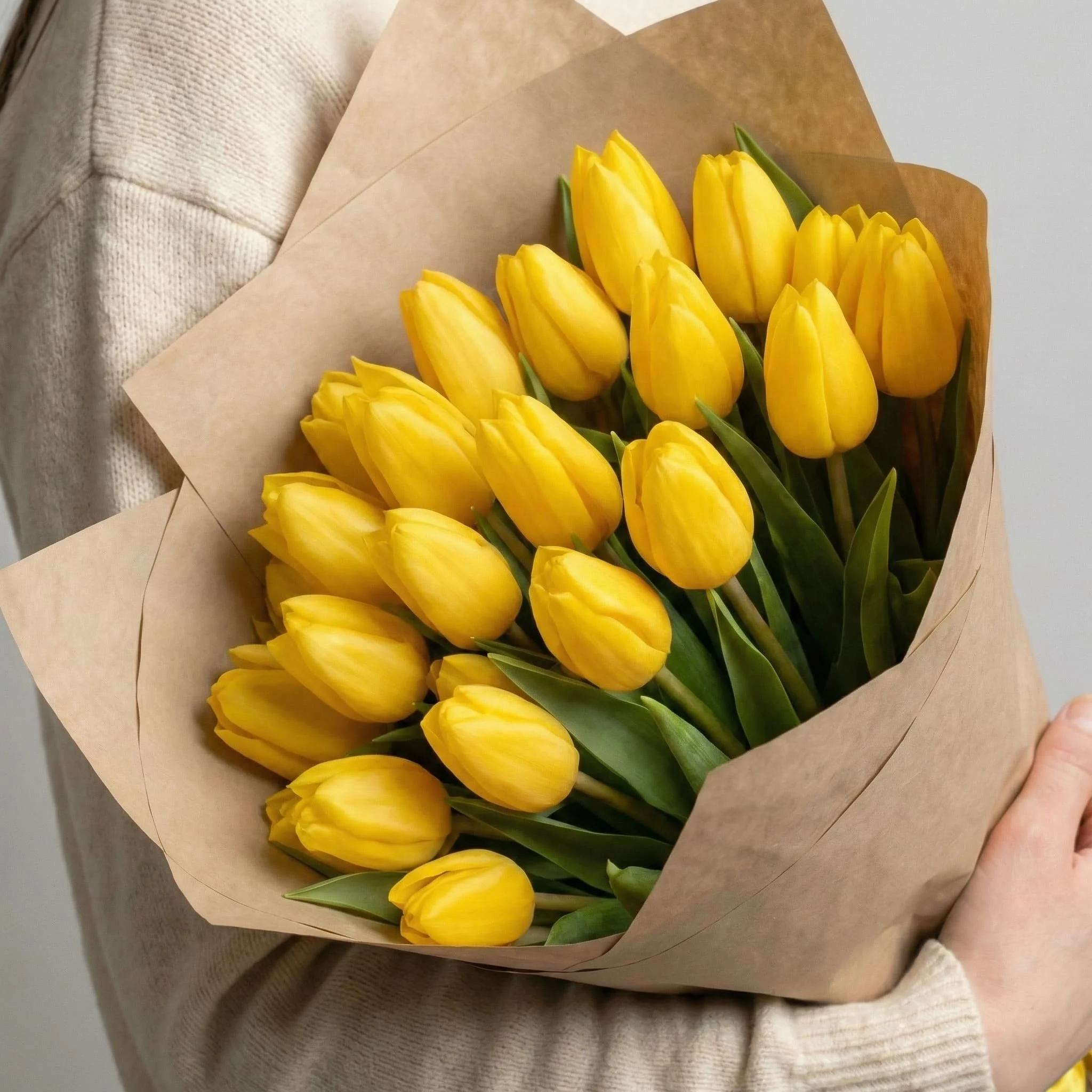 Minimal yellow tulip bouquet wrapped in kraft paper by HORA Flowers Perth
