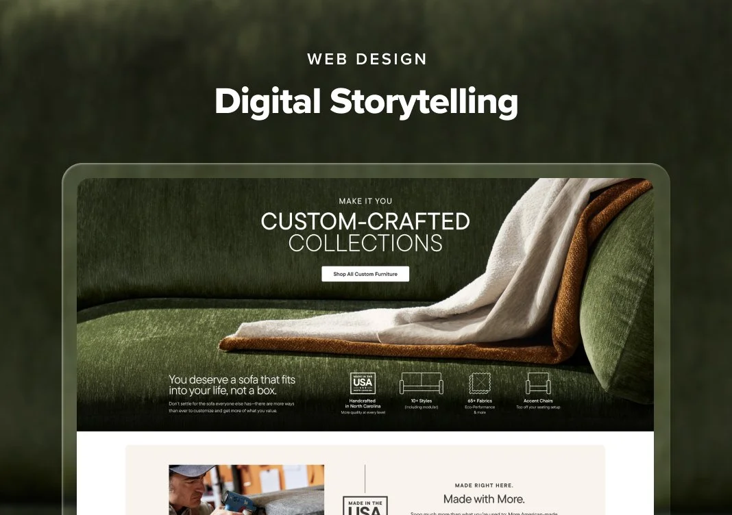Web design webpage showcasing custom-crafted furniture collections, featuring a green sofa with a cream and brown blanket.