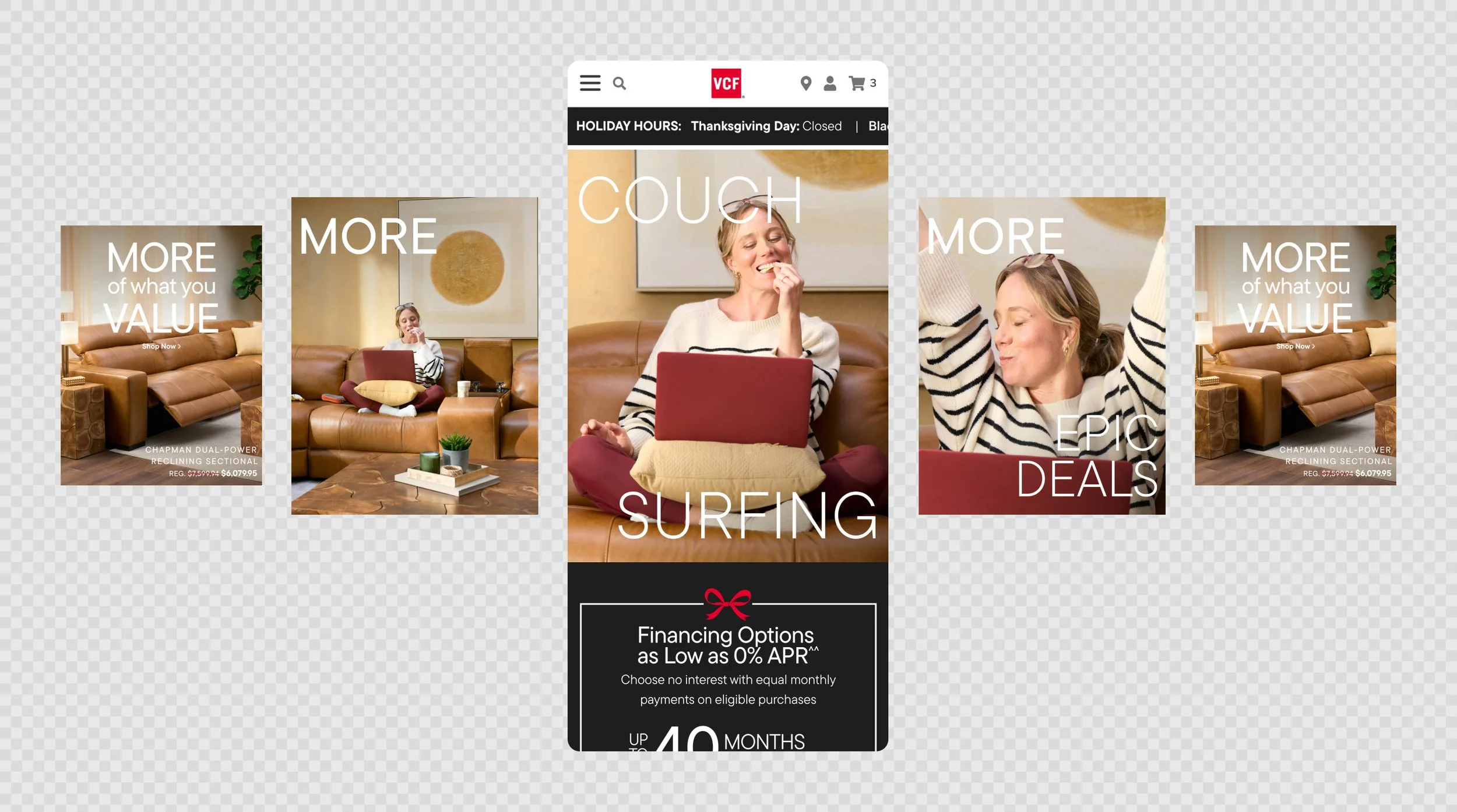 A mobile webpage displaying furniture advertisement with multiple images of a woman relaxing on a leather couch, surrounded by cozy decor, with text overlay about value, epic deals, and surfing, and a black section promoting financing options.