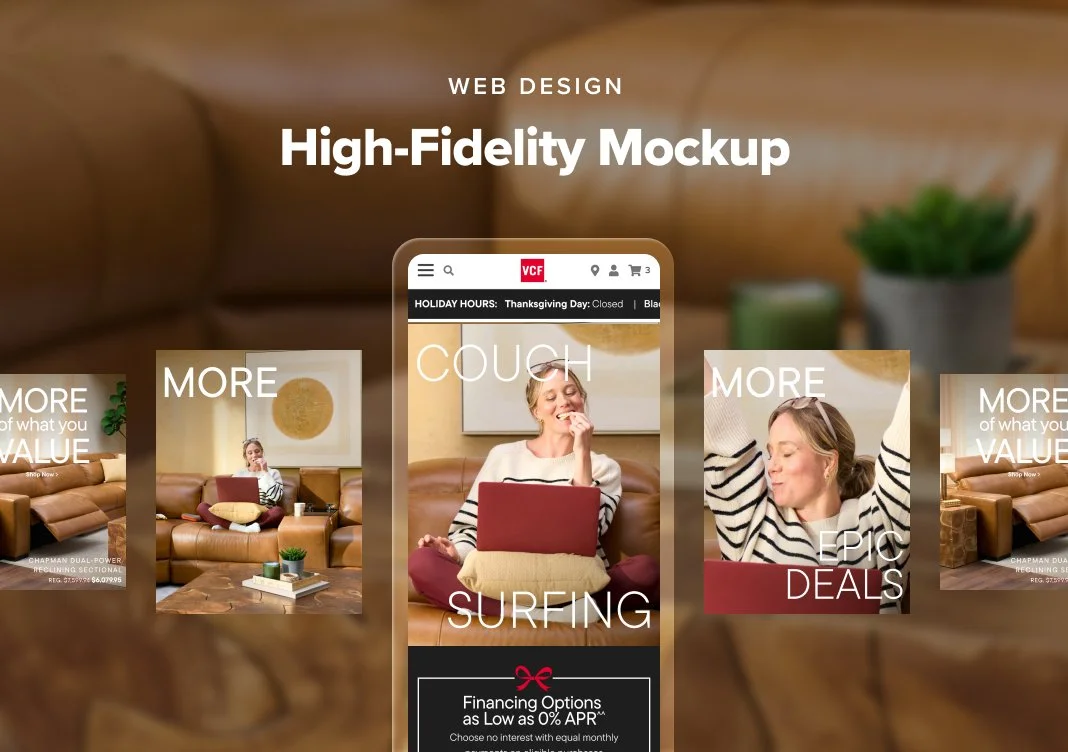 High-fidelity mockup of a web design on a smartphone screen, featuring a woman sitting on a brown leather couch, smiling with a laptop on her lap, in a cozy living room setting.