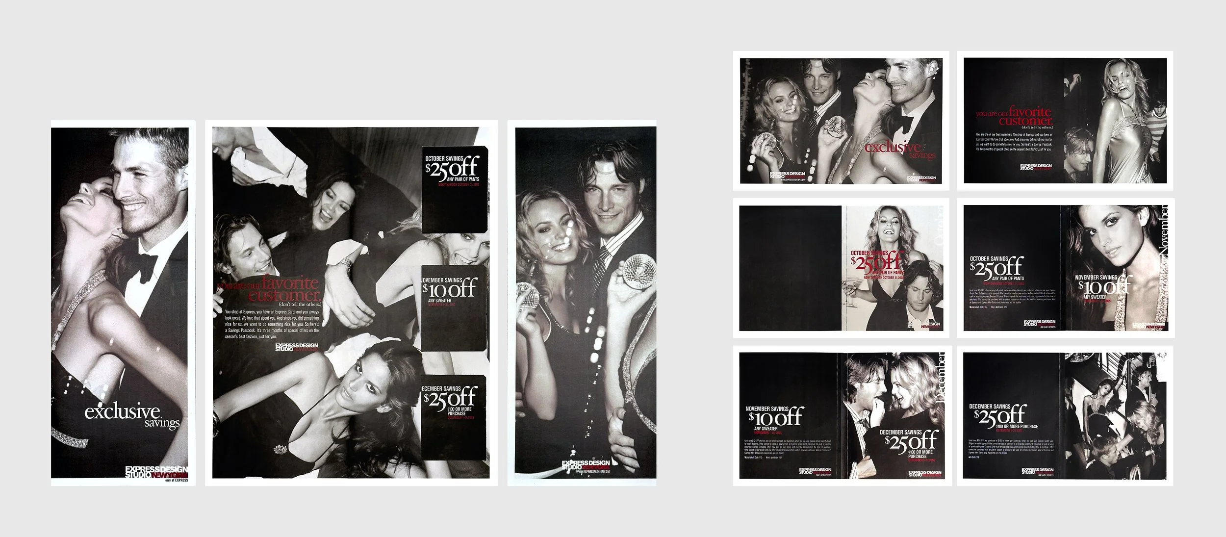 Collage of black and white fashion advertisements featuring smiling models and promotional text for discounts and sales.