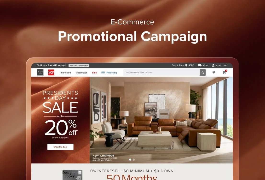 Online furniture store website advertising a President's Day sale with up to 20% off, featuring a living room with brown leather sofas, artwork, and large windows.