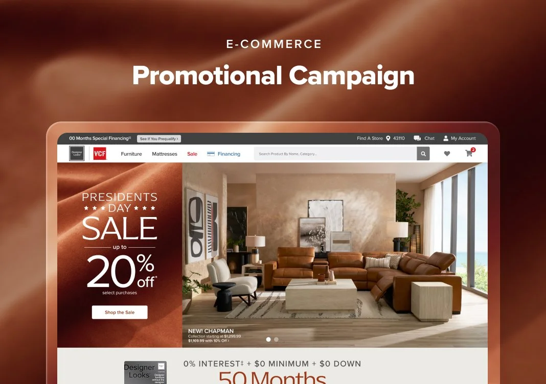 Online furniture store promotional banner announcing Presidents Day sale with up to 20% off, featuring a living room with a brown sectional sofa, white and black accent chairs, and modern decor.