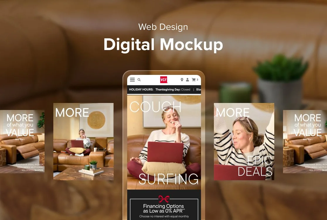 Digital mockup of a web design on a smartphone screen, featuring a woman with blonde hair sitting on a couch smiling and holding a laptop, with the text 'Web Design Digital Mockup' and phrases like 'COUCH SURFING' and 'EPIC DEALS'.