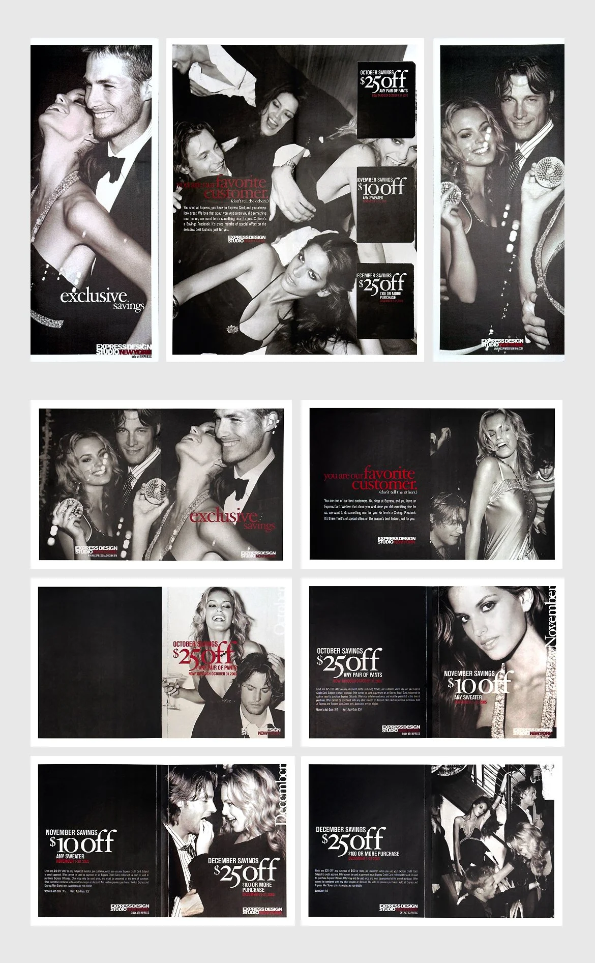 Photographs of men and women at a social event, some holding microphones, in black and white and color, with promotional text related to sales discounts for clothing items like pants and sweaters.