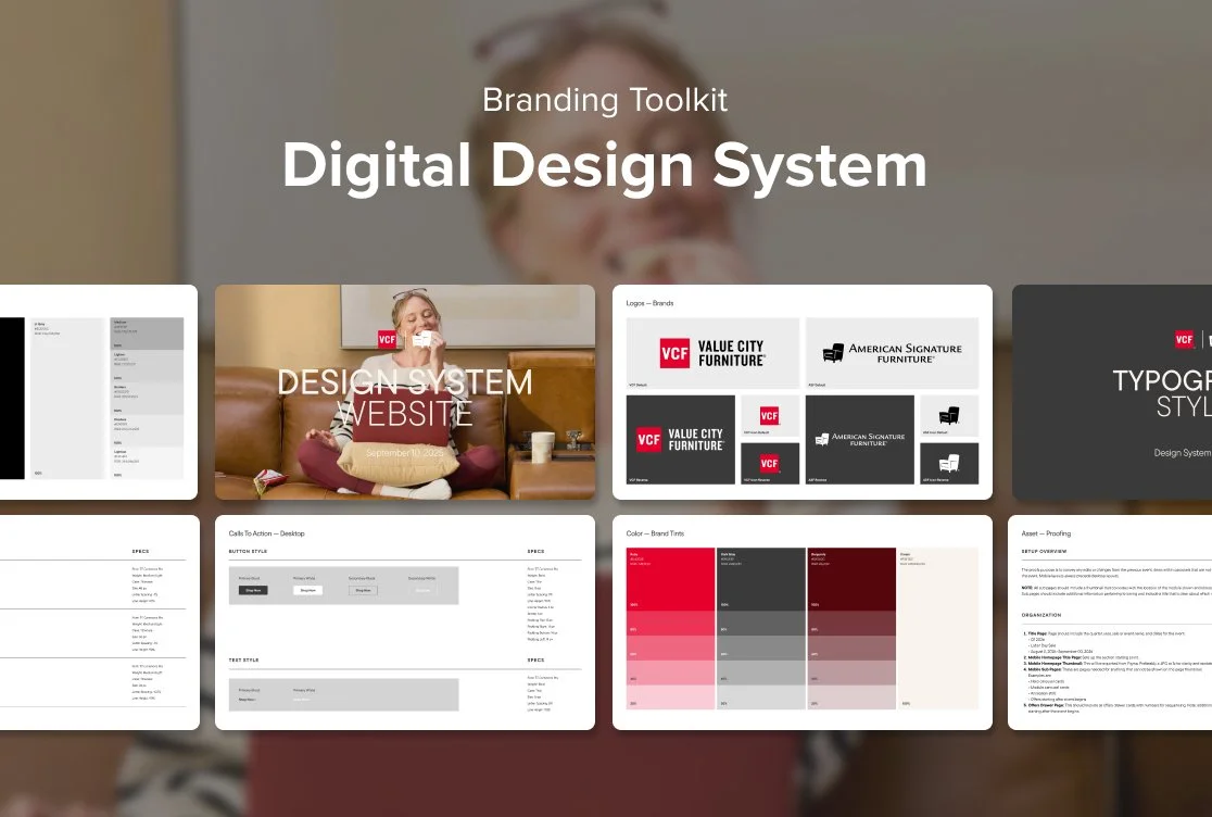 Branding toolkit for a digital design system, including website, logo styles, typography, asset proofing, color palette, and organizational guidelines.