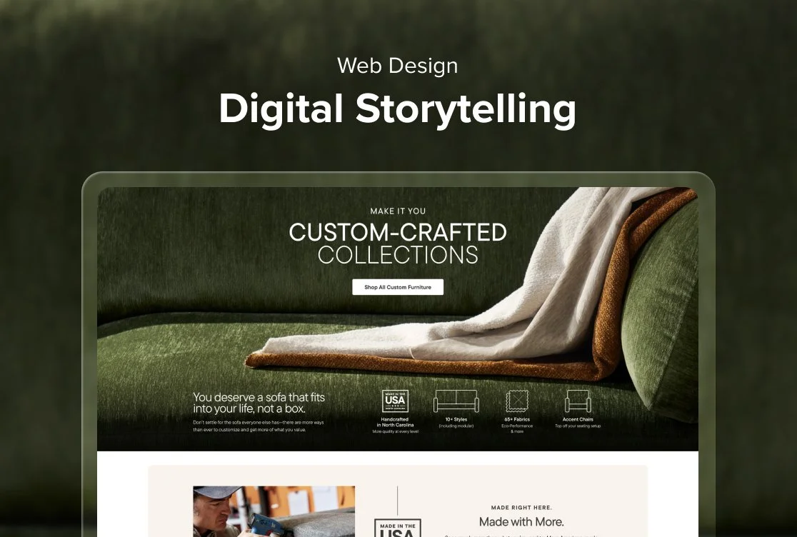 A web design webpage titled 'Digital Storytelling' featuring a green couch with a blanket, promoting custom-crafted furniture and furniture features.