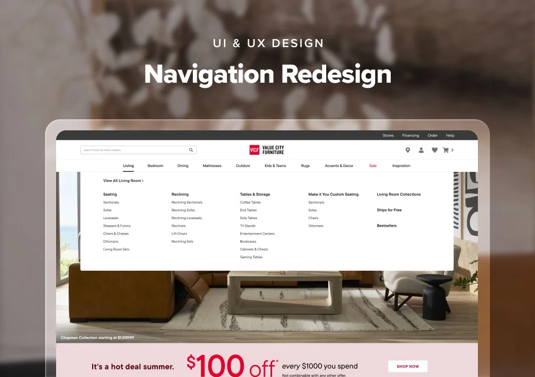 A screenshot of an online furniture store's navigation menu overlaid on a living room image, with a sale promotion for $100 off for every $1000 spent.