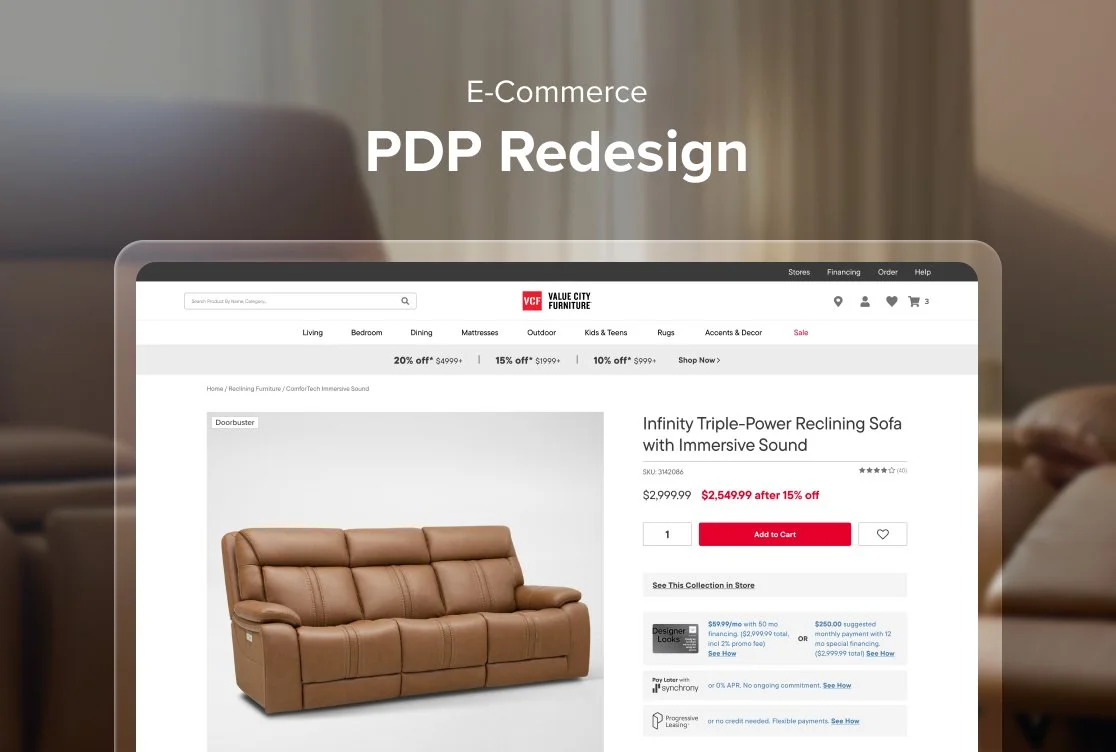 An online furniture store showcasing a brown reclining sofa with a red 'Add to Cart' button and sales discounts, displayed on a computer screen.