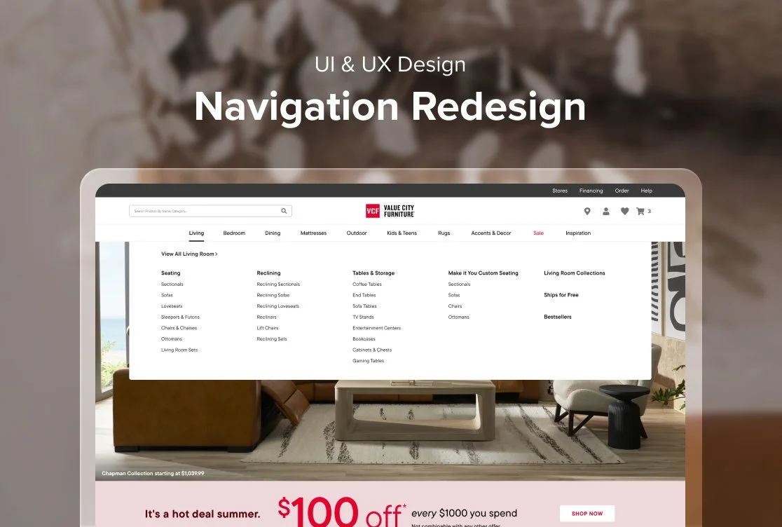 Screenshot of a furniture retail website with navigation menu for furniture categories, a search bar, and a promotional banner offering $100 off every $1000 spent.