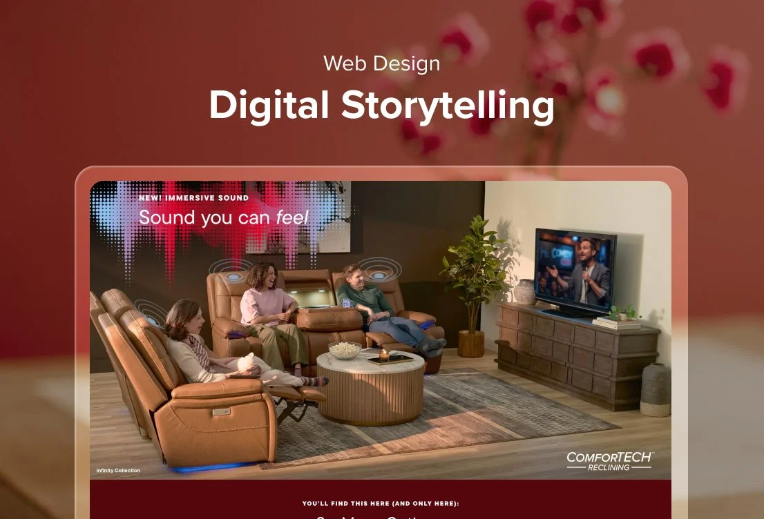 People sitting on a recliner watching a television in a living room with a potted plant, a coffee table, and a TV stand.
