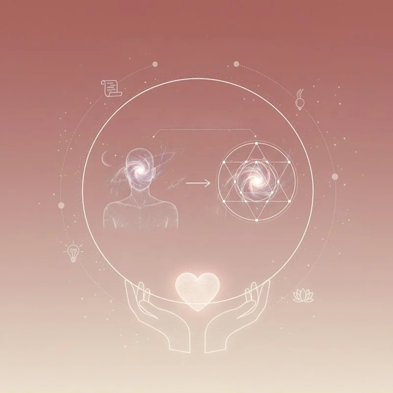 Abstract illustration of human consciousness and spiritual energy, featuring a human figure with a spiral galaxy in the head, geometric shapes, and symbols like a heart, lotus, light bulb, and sun on a pink gradient background.