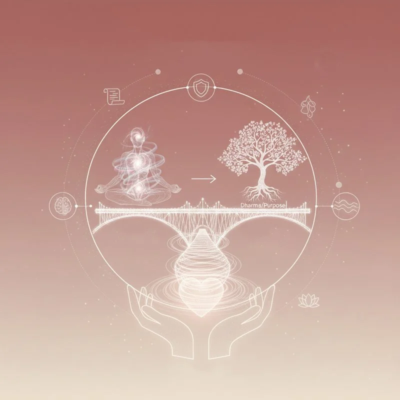 A digital illustration showing hands holding a geometric pattern, with a tree labeled 'Dharma/Purpose' on the right and a person meditating on the left, surrounded by spiritual and natural symbols.