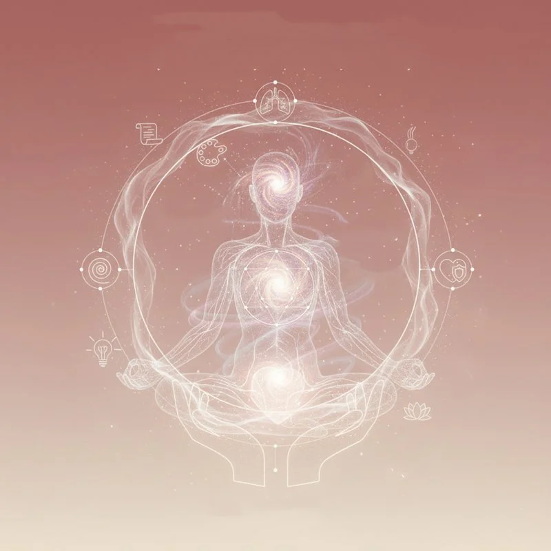A digital illustration of a person meditating in a lotus position with a galaxy swirling in their head and three glowing centers of energy in the chest, abdomen, and lower abdomen, surrounded by various spiritual and holistic icons.