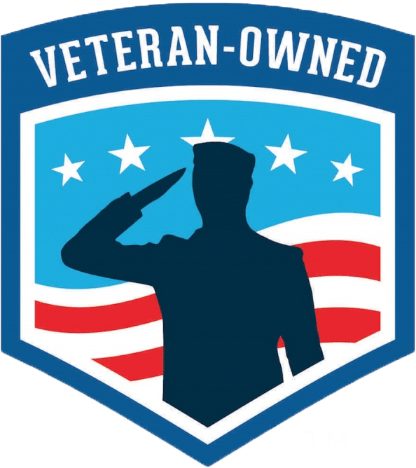 Silhouette of a saluting soldier in front of a patriotic background with stars and stripes, and a badge reading "Veteran-Owned"