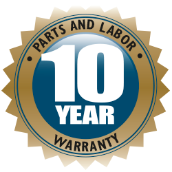Seal with a gold and blue design celebrating a 10-year warranty for parts and labor.