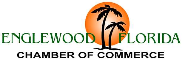 Logo for Englewood Florida Chamber of Commerce featuring palm trees and a sunset background.