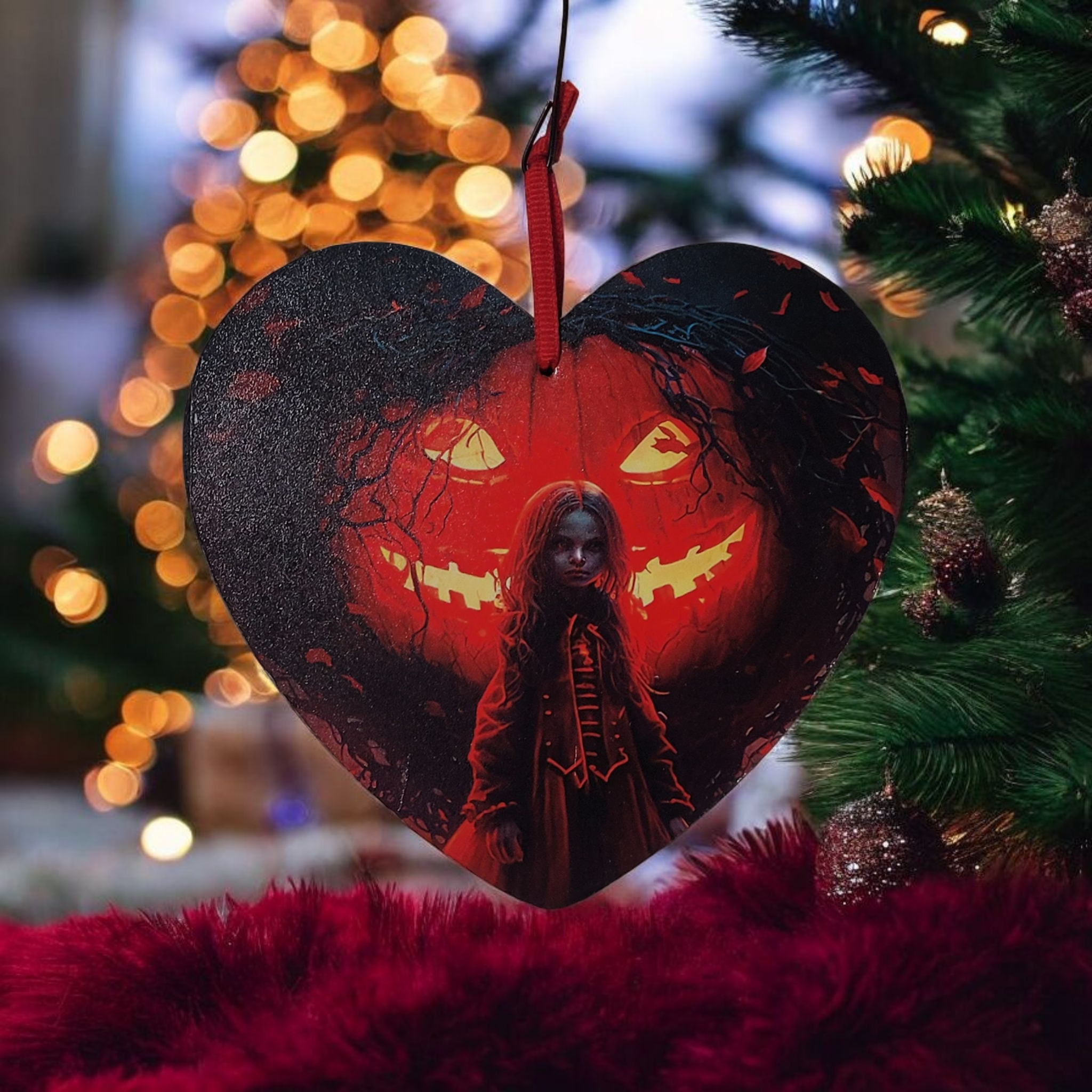 A heart-shaped decoration with an image of a girl in dark clothing and a carved Halloween face in the background, hanging on a Christmas tree with blurred lights in the background.