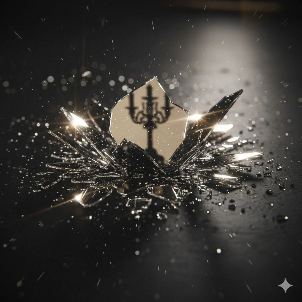 Shattered mirror fragments with chandelier reflection in the background.