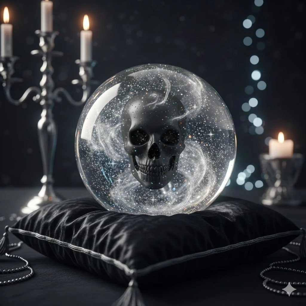 A crystal ball with a skull inside, resting on a black pillow, with lit candles and a dark background decorated with small lights.
