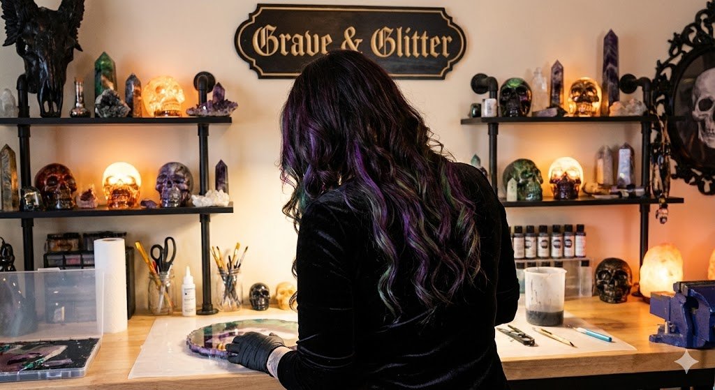A woman with long, wavy hair with purple highlights working at a craft table in a store named 'Grave & Glitter' with shelves of skull-shaped objects and crystals, some illuminated, and various crafting supplies.