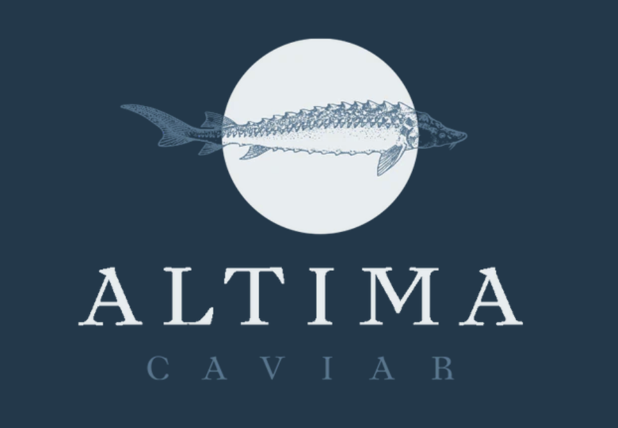 Logo for Altima Caviar with a fish illustration and a white full moon in background.