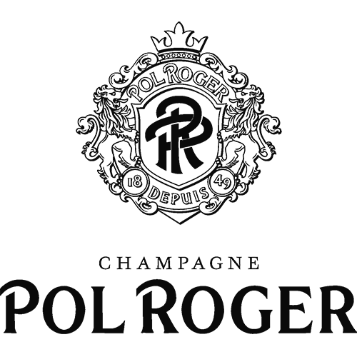 A black and white logo for Pol Roger champagne with a crest, crown, and decorative elements.