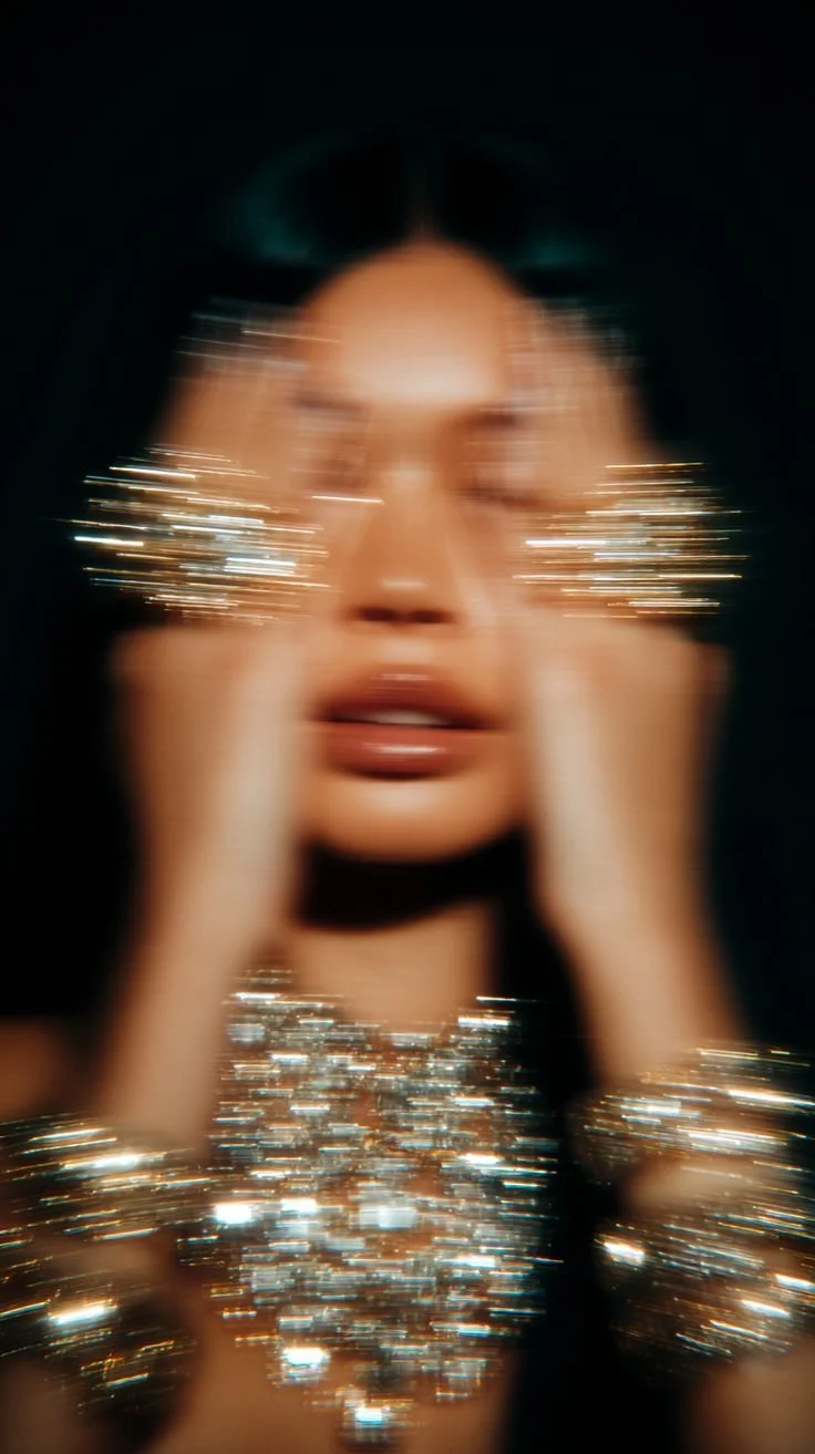 Blurred image of a person with hands holding their face, adorned with sparkling jewelry and accessories, against a dark background.