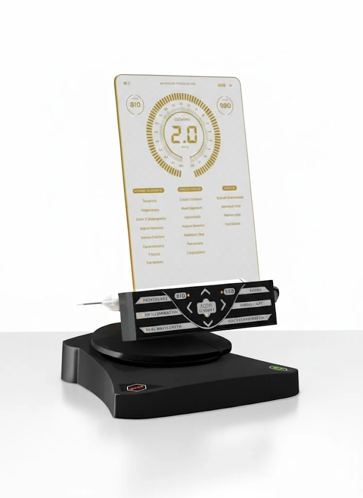 A speech-acoustic analysis device with a black base and a handheld microphone-like tool, placed in front of a vertical screen displaying a circular gauge and text for sound analysis.