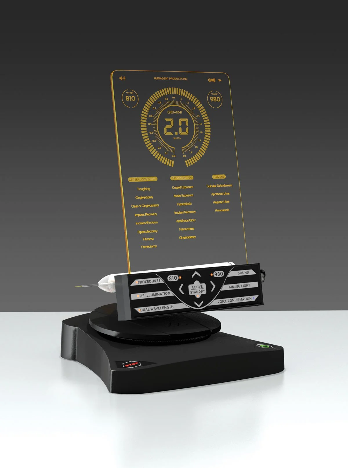 A dental X-ray viewing device displaying a digital image of a patient’s teeth and dental procedures, mounted on a black base with control buttons.