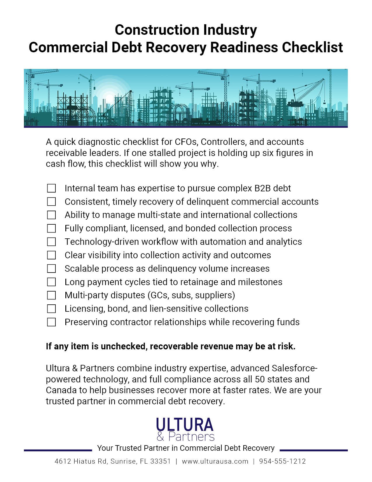 Construction industry commercial debt recovery readiness checklist for CFOs and accounts receivable leaders by Ultura & Partners.