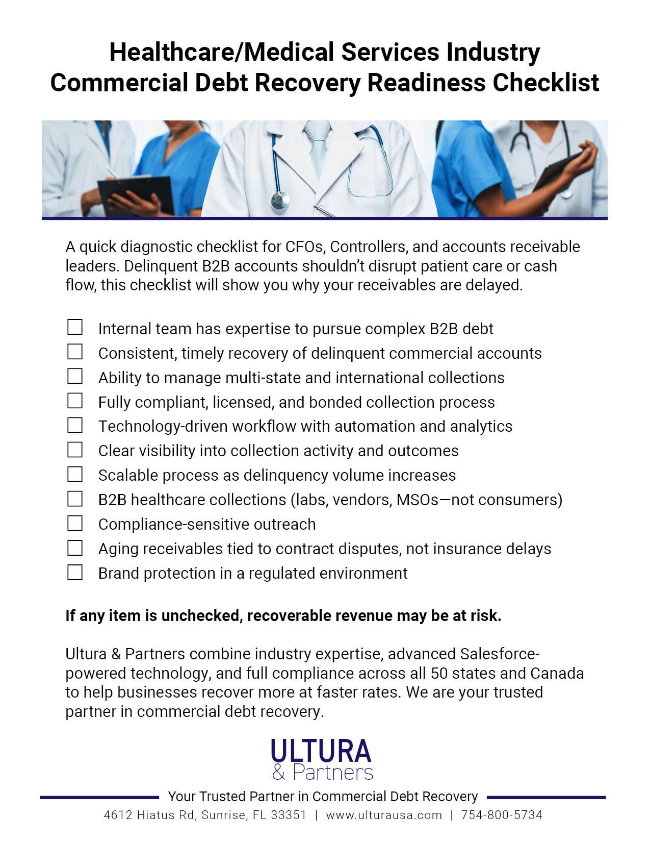 Commercial Debt Recovery Readiness Checklist for Healthcare and Medical Services Industry by Ultura & Partners, designed for CFOs and accounts receivable leaders.