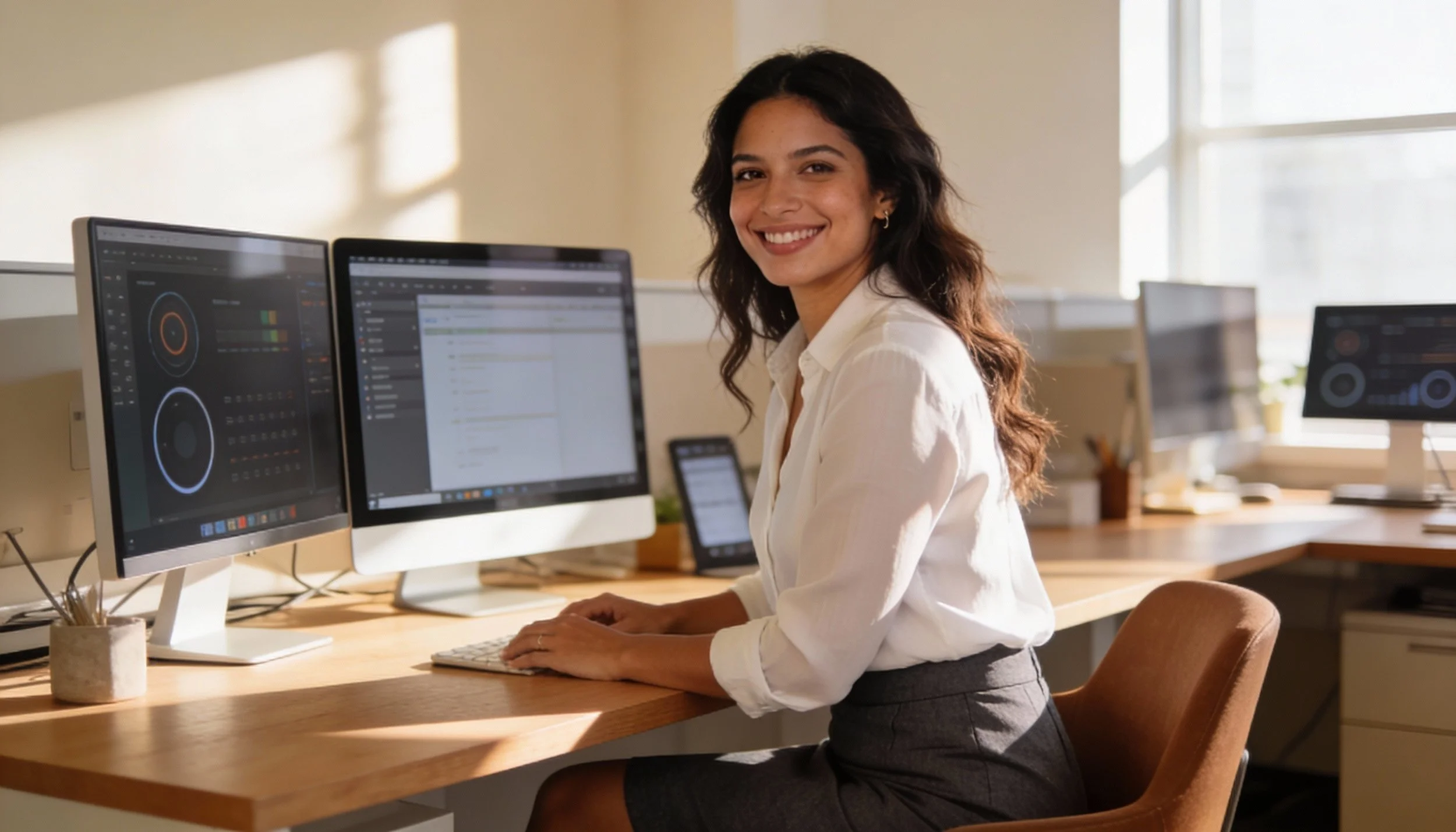A woman in a white blouse and gray skirt sitting at a desk with dual computer monitors in a well-lit office.