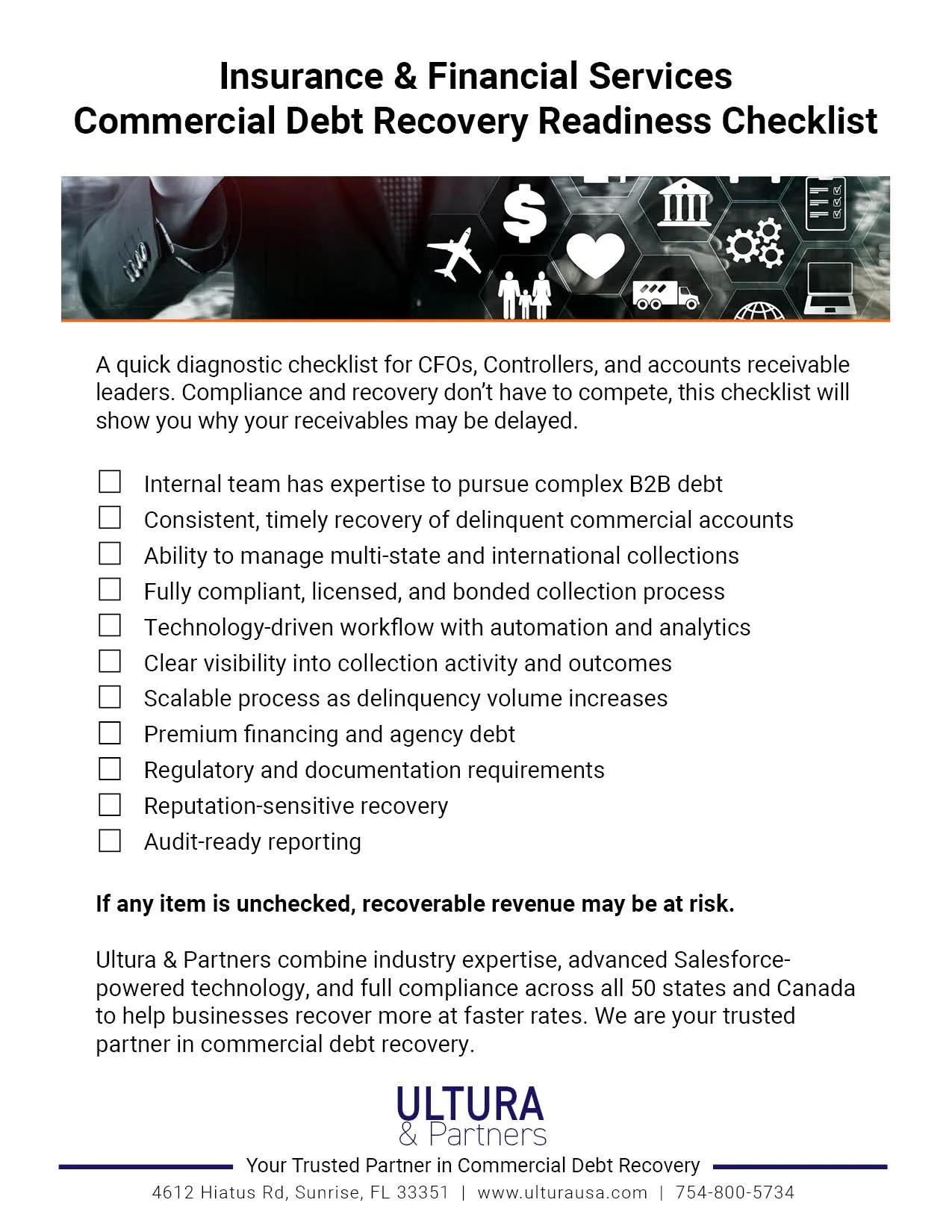 Insurance and financial services commercial debt recovery readiness checklist for CFOs and AR leaders by Ultura & Partners.