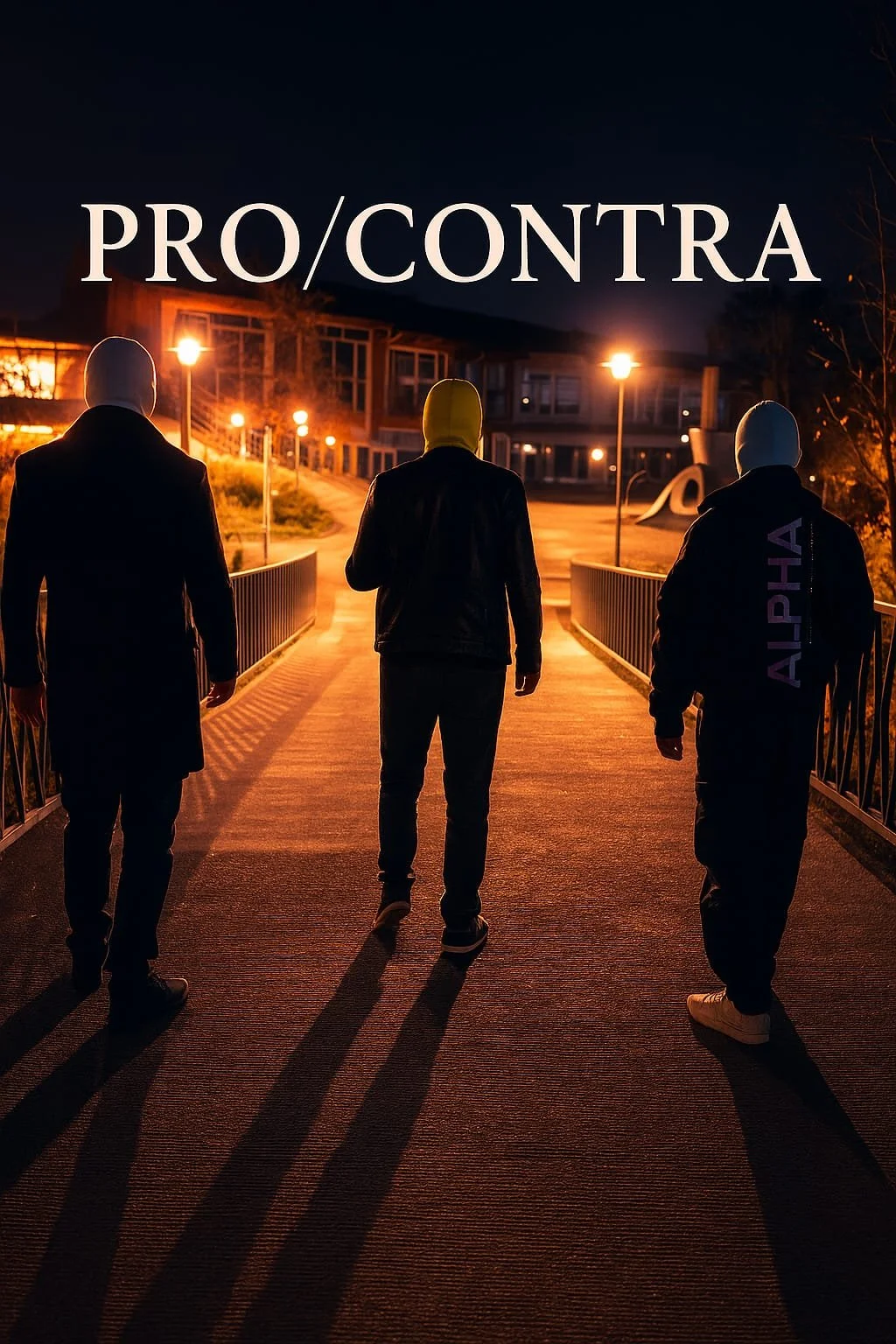 Drei Männer mit Kapuzen ziehen durch eine beleuchtete Brücke nachts, im Hintergrund ein Gebäude.