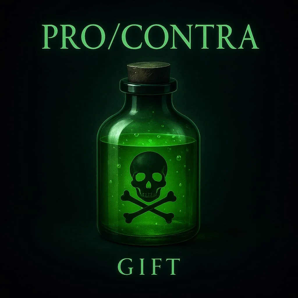Ein Glasflasche mit grünem Giftinhalt und einem Totenkopf mit gekreuzten Knochen. Über dem Flaschenhals steht der Text 'PRO/CONTRA', darunter 'GIFT' in grüner Schrift auf schwarzem Hintergrund.