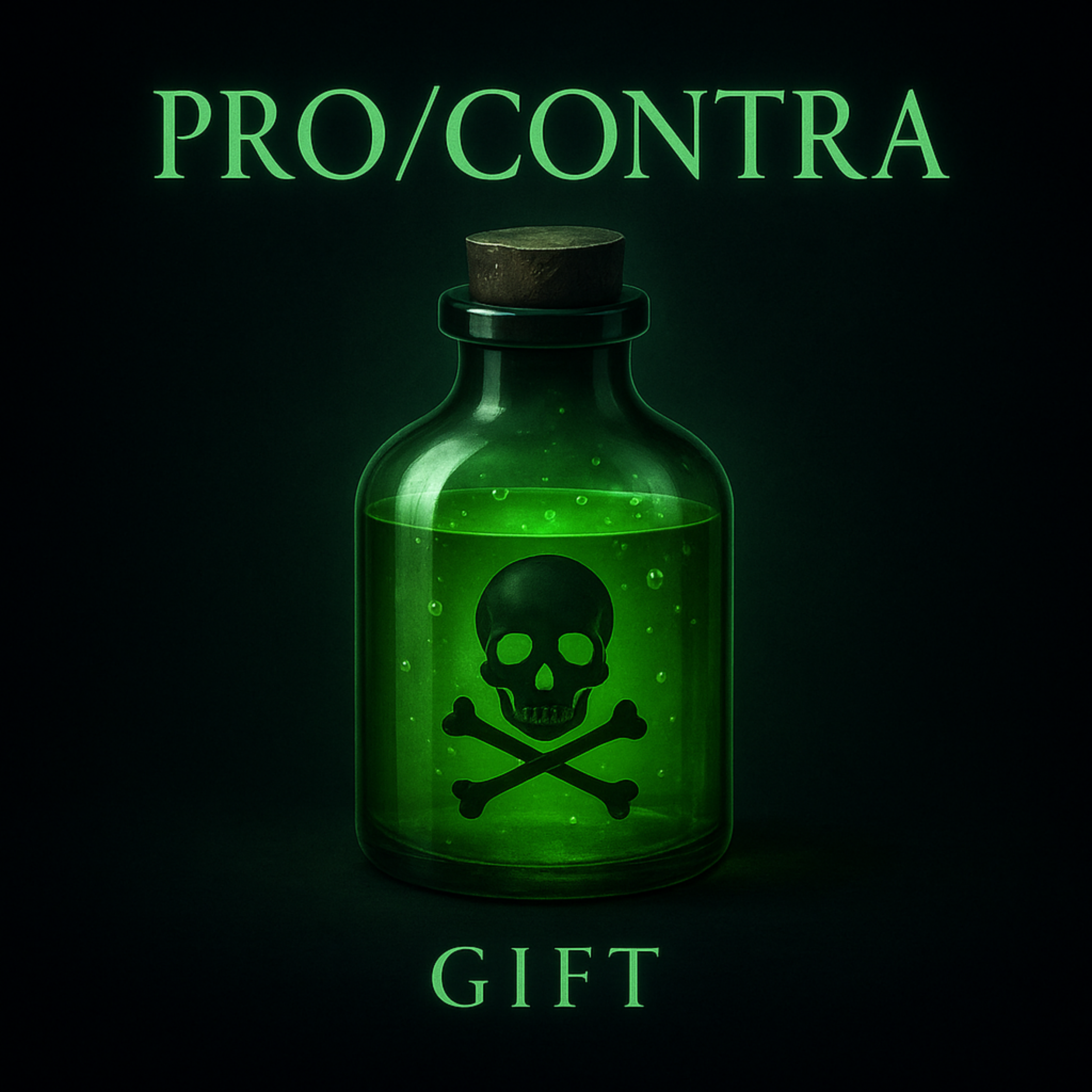 Grüne leuchtende Flasche mit Totenkopf und gekreuzten Knochen, umgeben von den Worten PRO/KONTRA und GIFT.