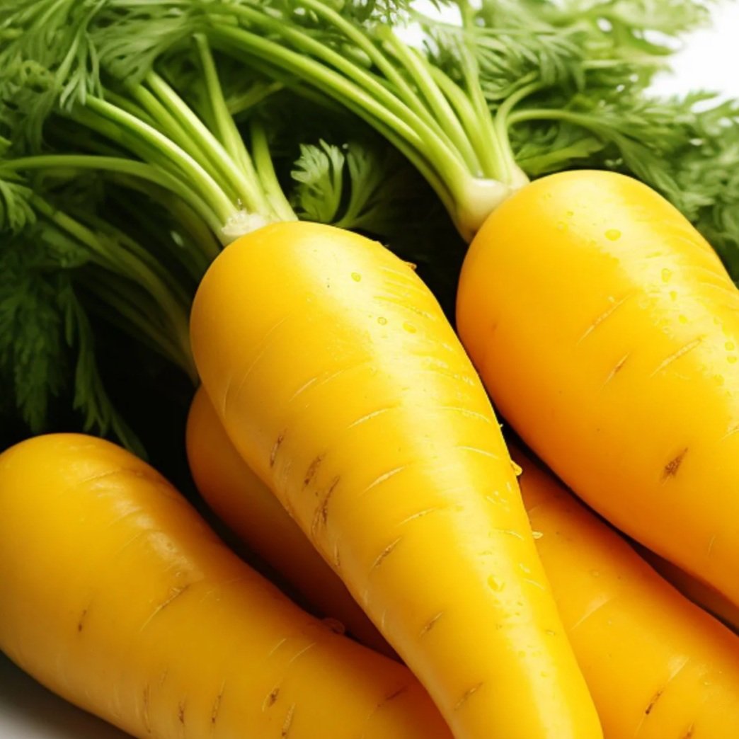 Yellow carrots with green tops.
