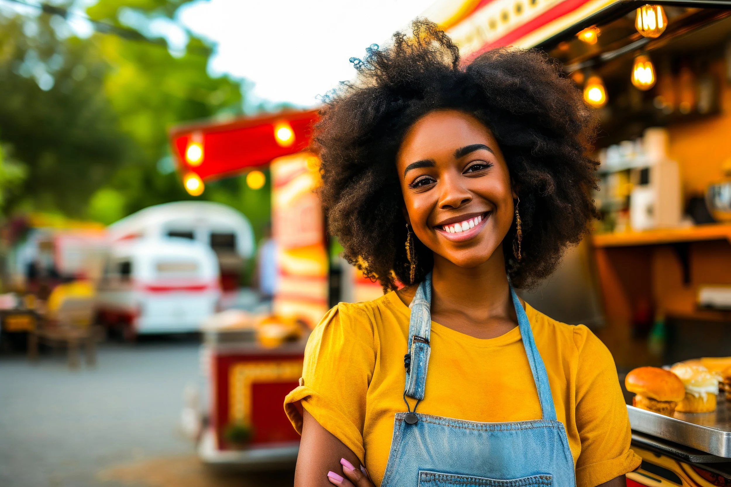 Smiling woman with curly hair wearing a yellow top and denim apron at food truck outdoor market.