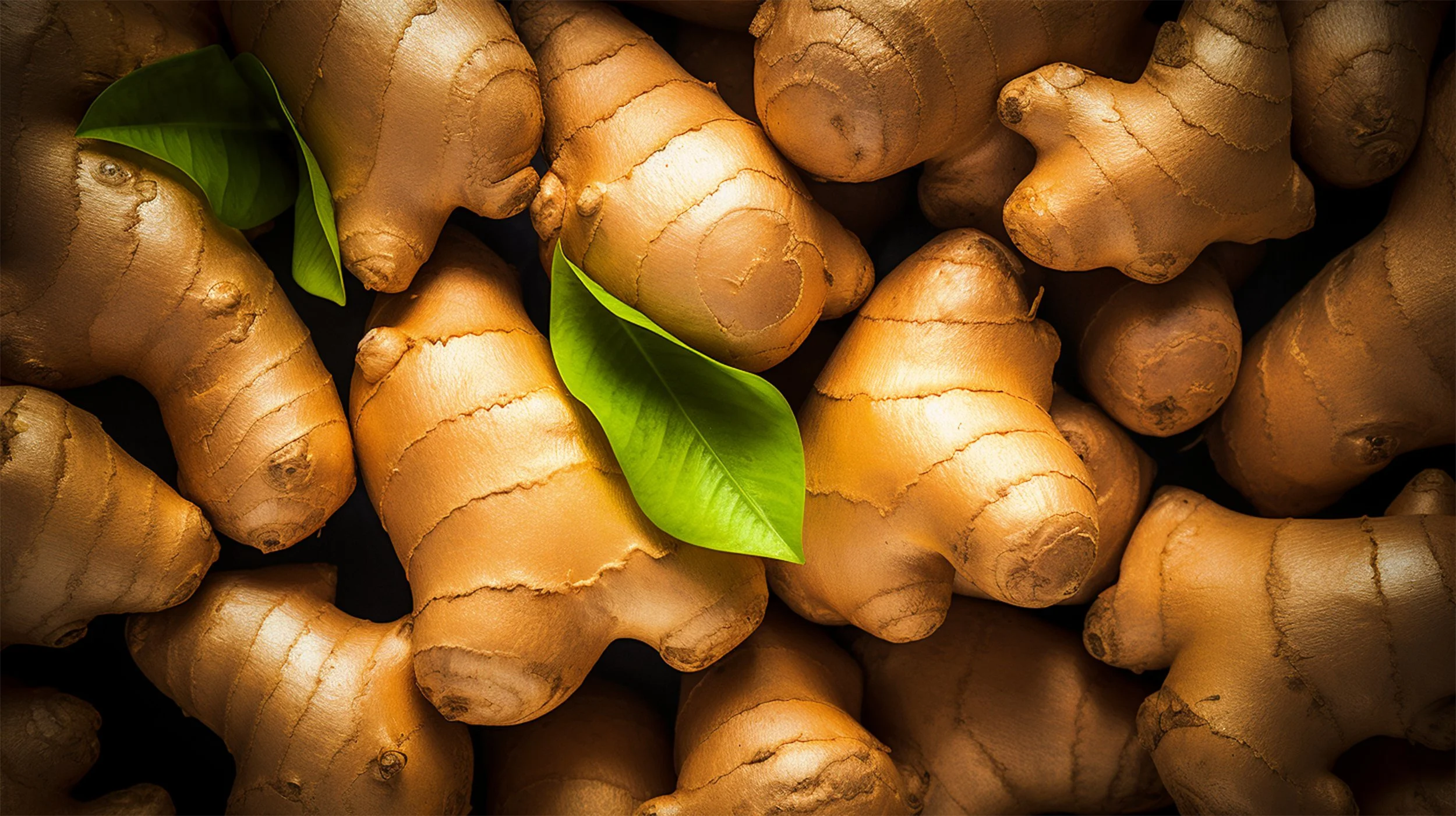 A cluster of fresh ginger roots with two green leaves in the center.