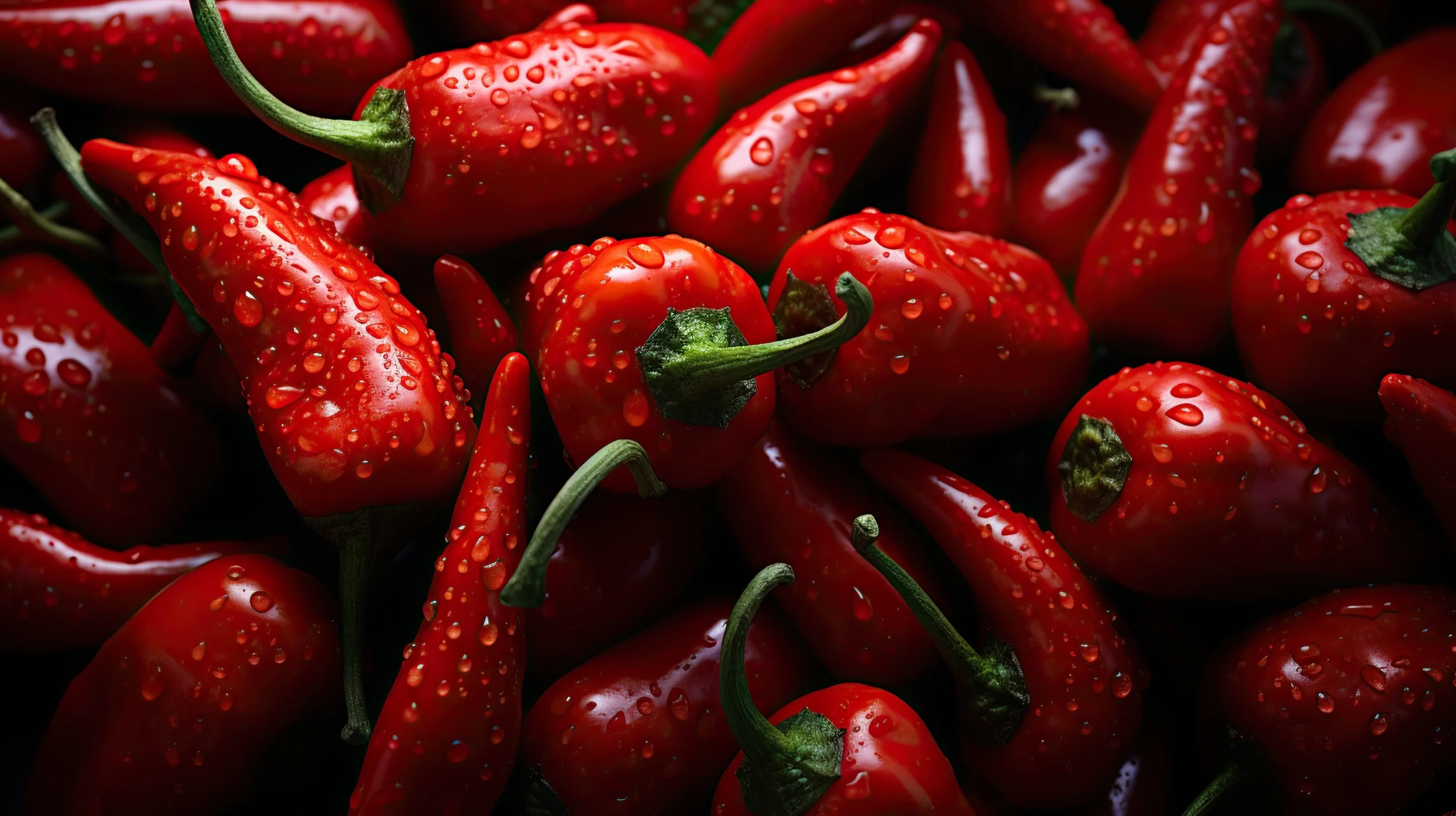 Close-up of red chili peppers with water droplets on their surface.